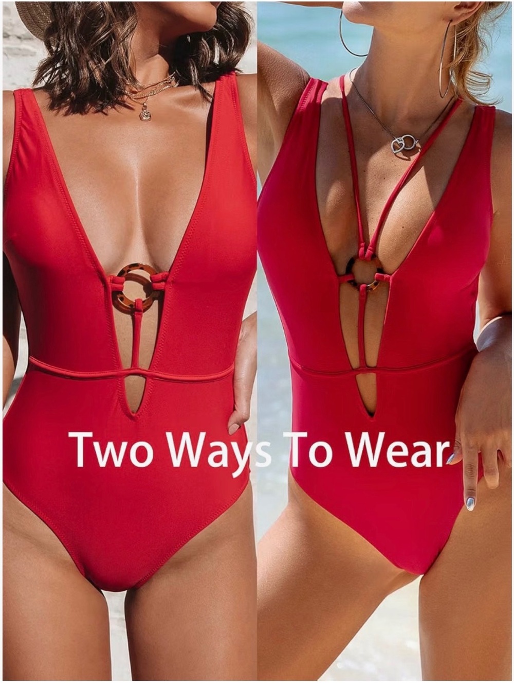 Cupshe Red Plunge One-Piece Swimsuit with Ring Accent